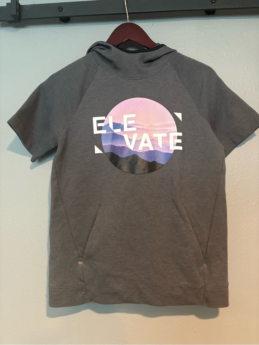 Old Navy Charcoal Short Sleeve Hoodie with Pink & Purple Mountain Graphic